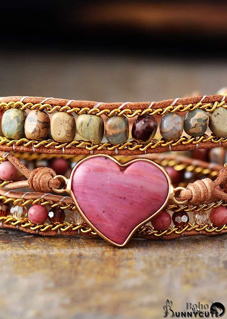 Boho Bracelet, 3 Layers Leather Wrap Bracelet, Jasper Rhodonite Heart