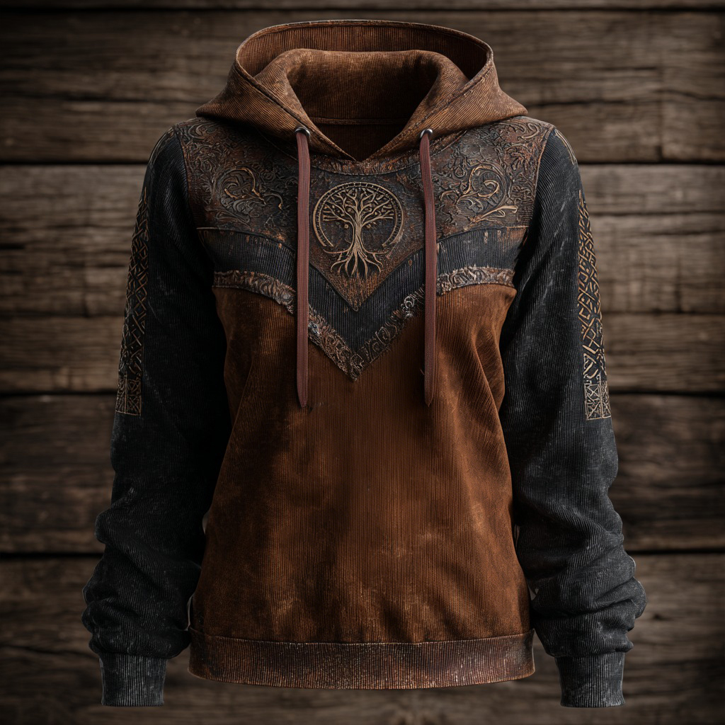 Women's Vintage Viking Tree Of Life Patchwork Casual Hoodie elevenforest