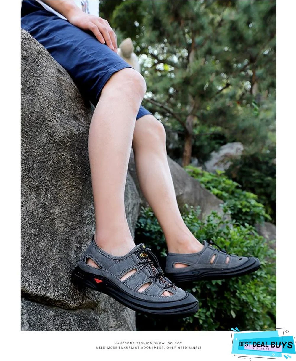 Men Leather Mesh Outdoor Sandals Summer Breathable Beach Shoes