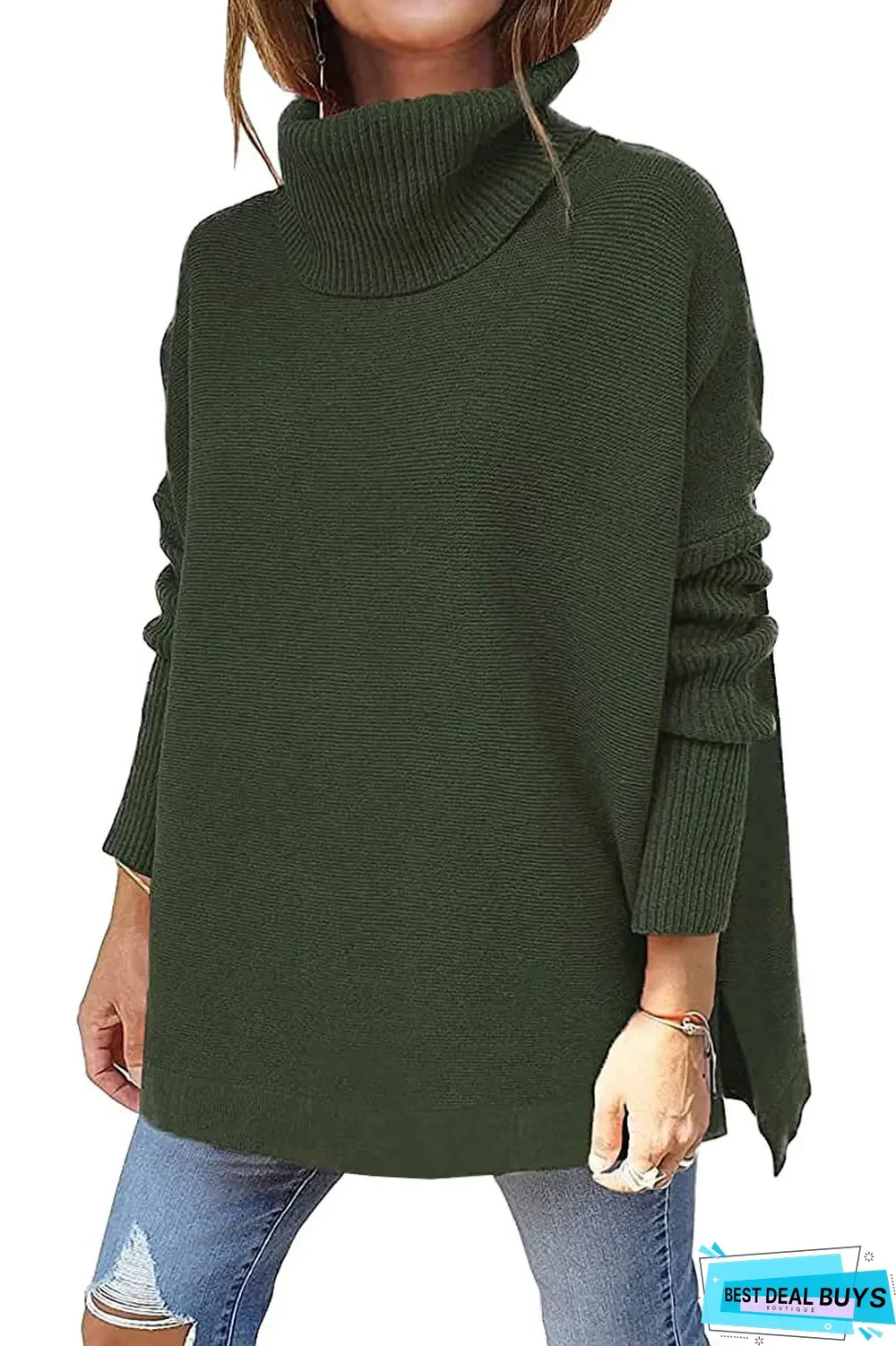 High Neck Bat Wing Sleeve Split Hem Waistband Pullover Sweater