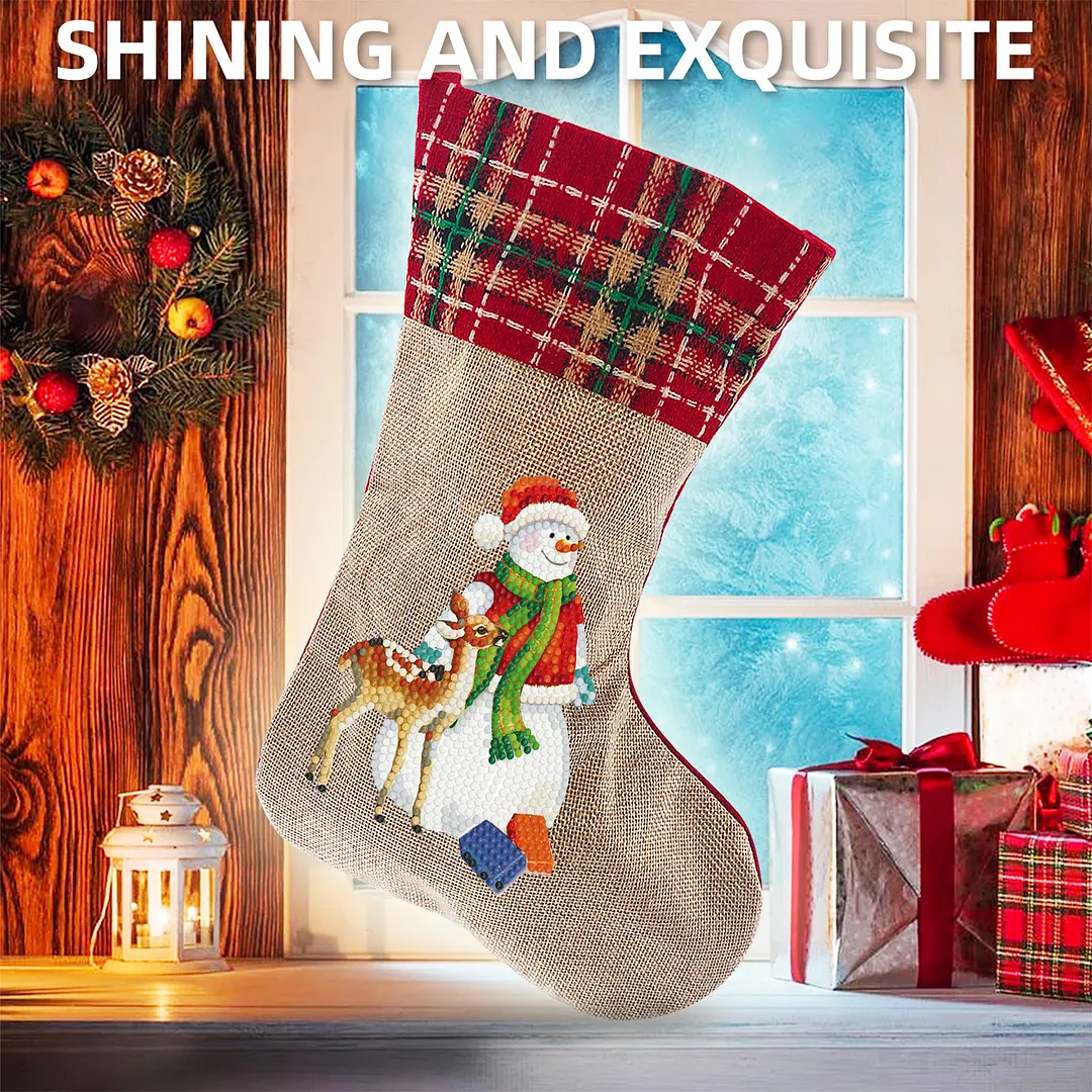 DIY Diamond Painting Christmas Stockings Hanging Ornaments Large Capacity Xmas Socks Pendant Wear Resist Candy Gift Storage Bags for Family Christmas Holiday Party Decoration (Snowman)