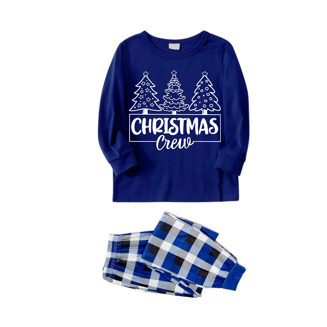 "Christmas Crew" and Trees Blue Long Sleeves with Blue&White&Black Plaid Pants Family Matching Pajamas