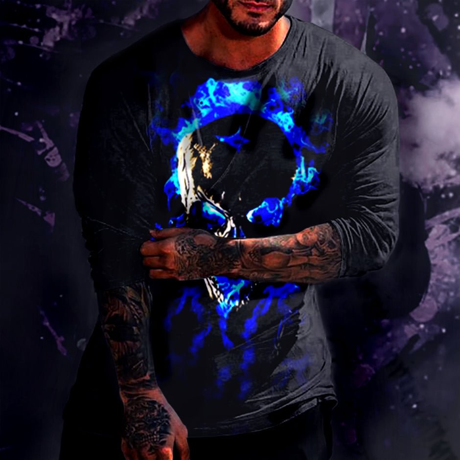 Metaverse & Skull Digital Abstract Creative Print Men's Casual Fashion Long Sleeve Shirt