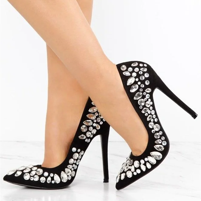 Black Sparkling Heels Vegan Suede Pointy Toe Rhinestone Pumps Shoes |FSJ Shoes