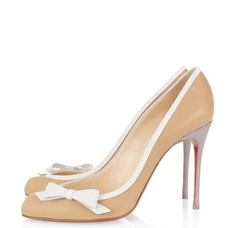 TAAFO Nude Stilettos Pumps Woman Round Toe Butterfly-knot High Thin Heels Ladies Office Shoes