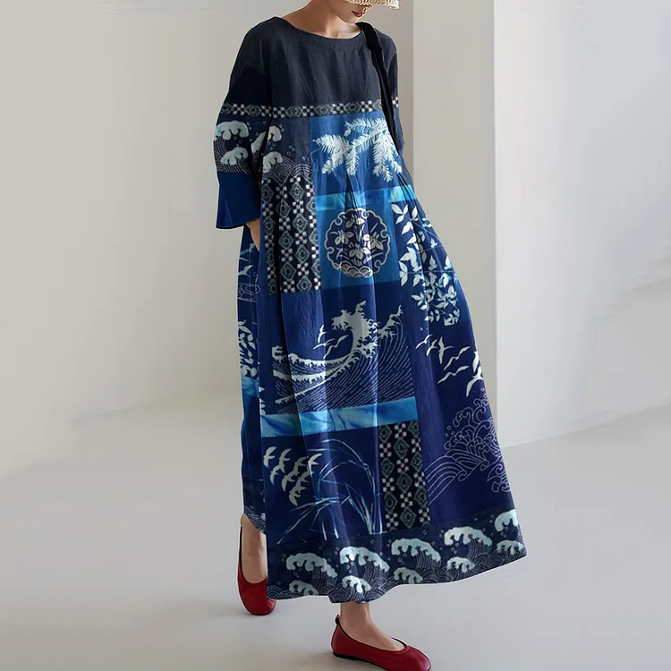 Vintage Japanese Art Of Plants Patchwork Waves Print Casual Midi Dress