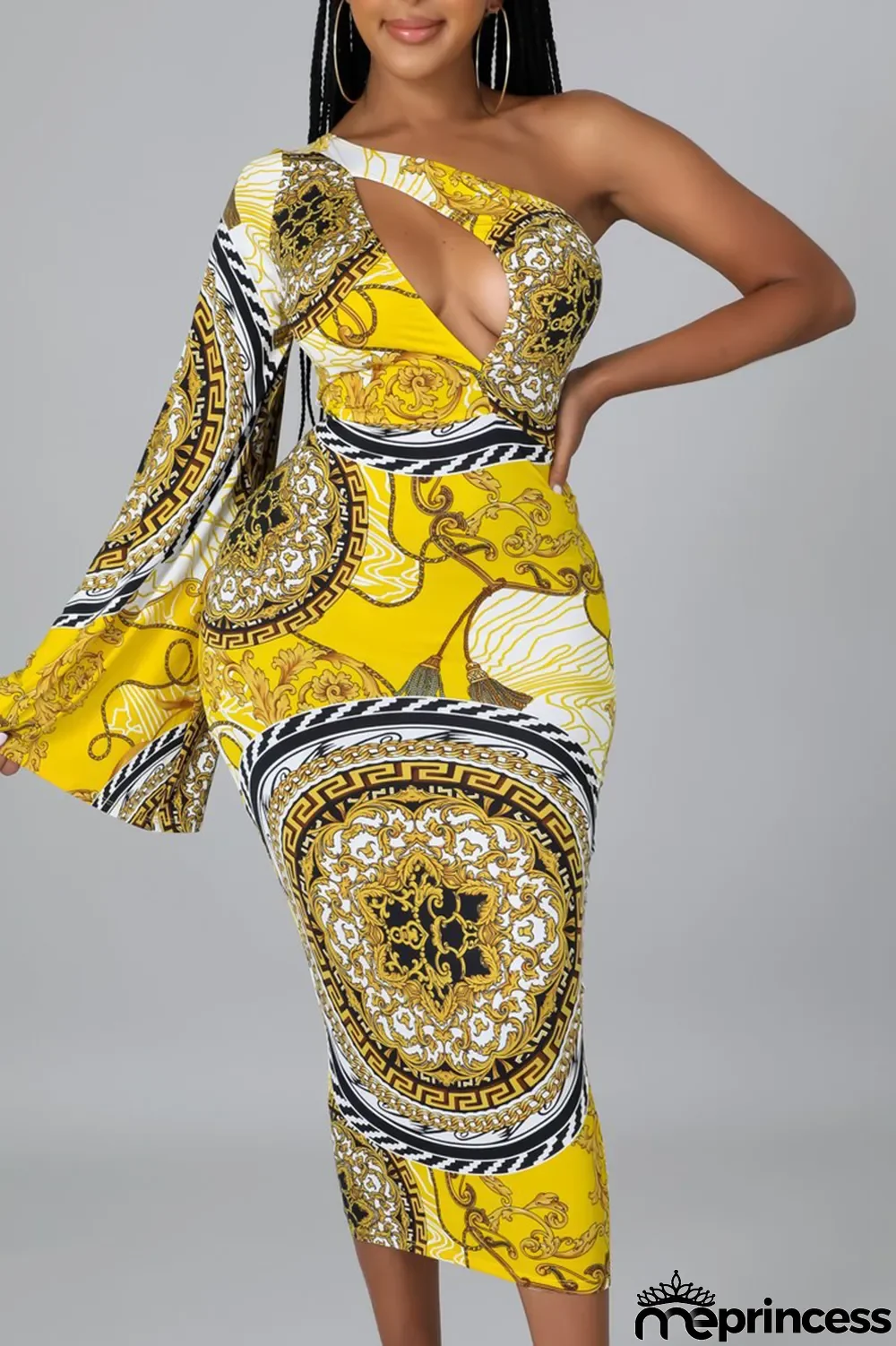 Green Sexy Print Hollowed Out One Shoulder Pencil Skirt Dresses