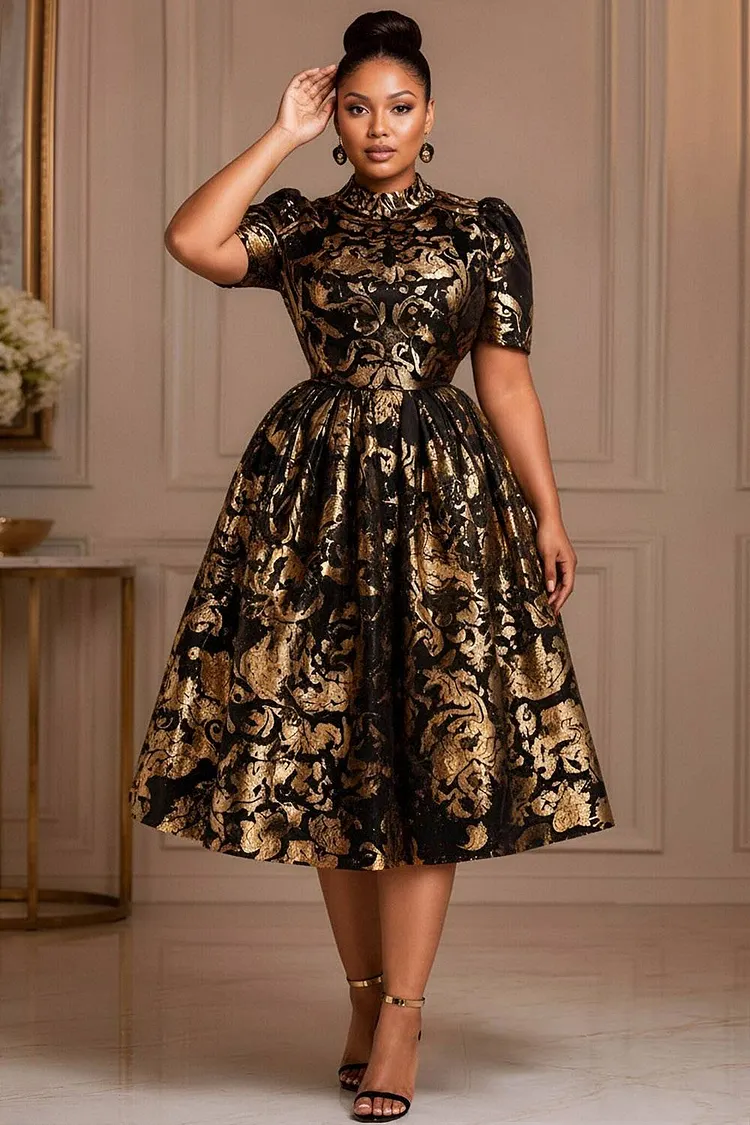 Xpluswear Design Plus Size Cocktail Party Gold All Over Print Mock Neck Short Sleeve Pocket Satin Midi Dresses [Pre-Order] 2024 - Xpluswear