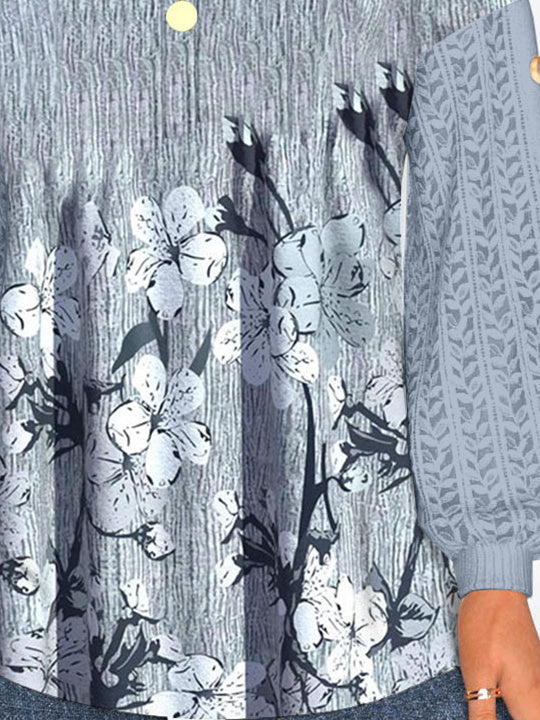 Women Long Sleeve Scoop Neck Floral Printed Graphic Button Lace Tops