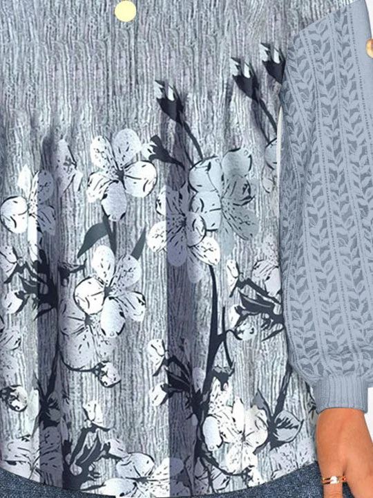 Women Long Sleeve Scoop Neck Floral Printed Graphic Button Lace Tops