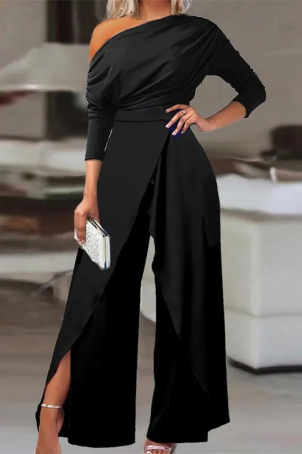 Risias Black One shoulder Long Sleeve Pleated Jumpsuit JP0086