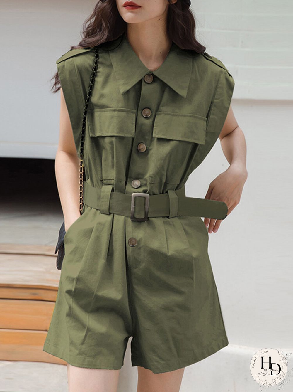 Solid Belt Pocket Button Lapel Short Sleeve Cargo Romper