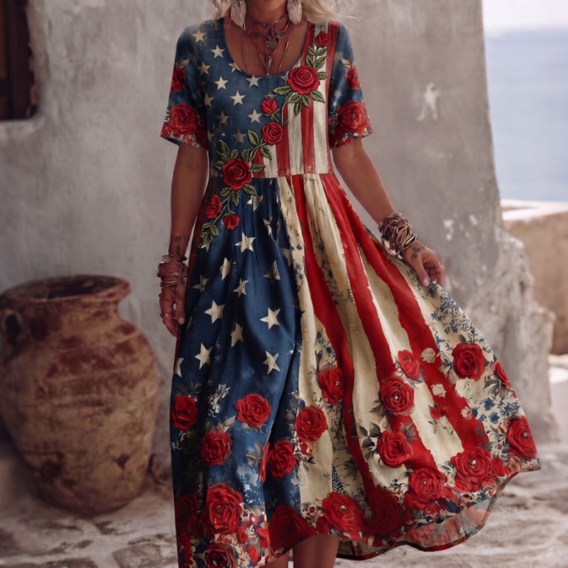  Women's Vintage Floral Flag Patchwork Art Print Short Sleeve Dress Westsshops