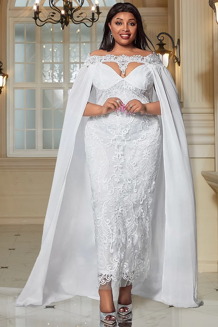 Xpluswear Design Plus Size Formal Maxi Dresses Elegant White Off The Shoulder Cape Embroidery Lace Maxi Dresses [Pre-Order]