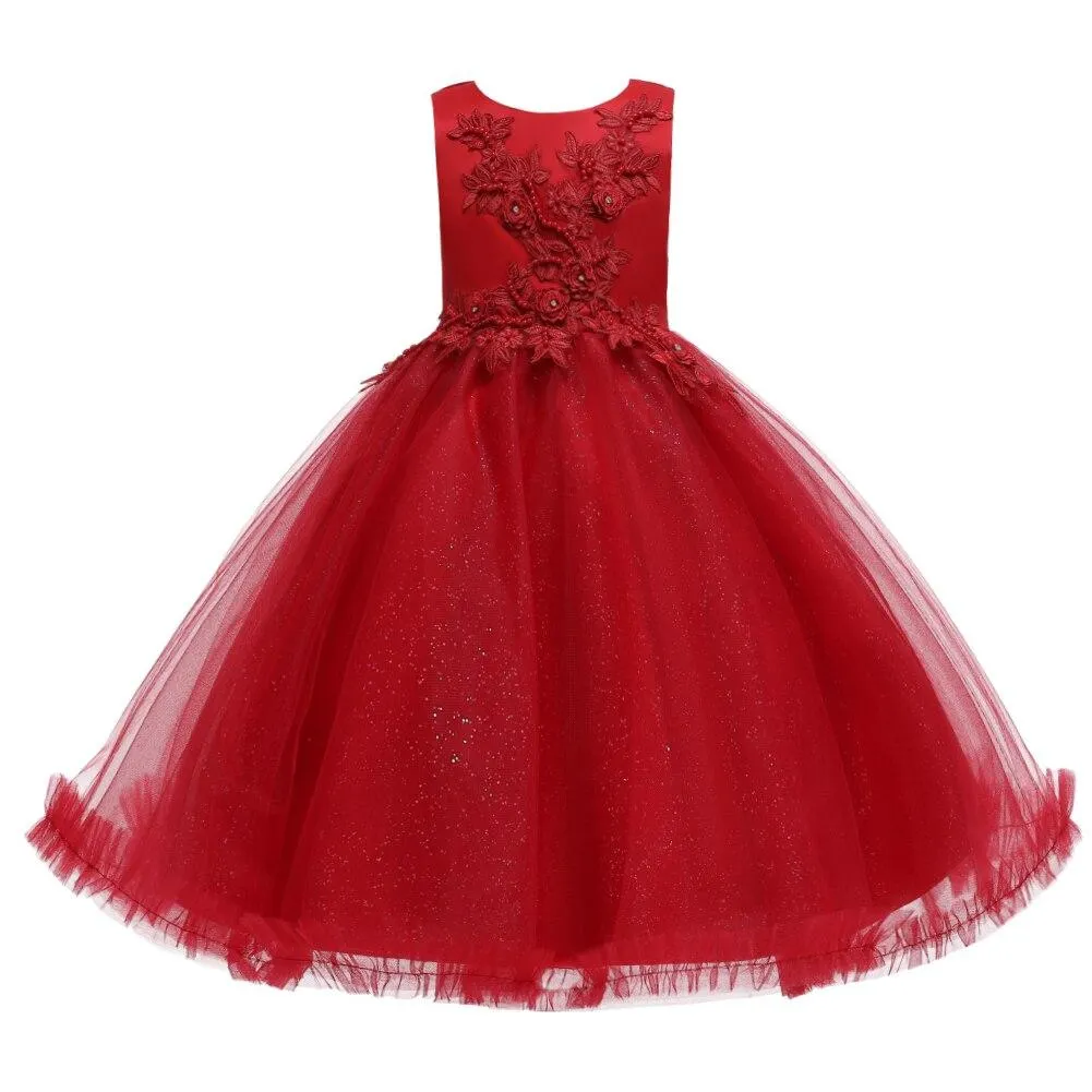 Pink Knee-Length Tulle Flower Girl Dress For Kids Round Neck Embroidered Child Party Dress For Girl 3-12 Years Old Sleeveless