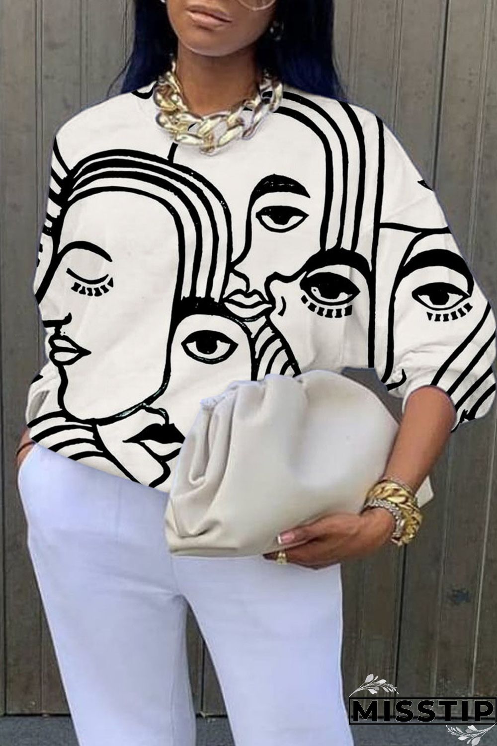 Blue Casual Street Print Patchwork O Neck Tops