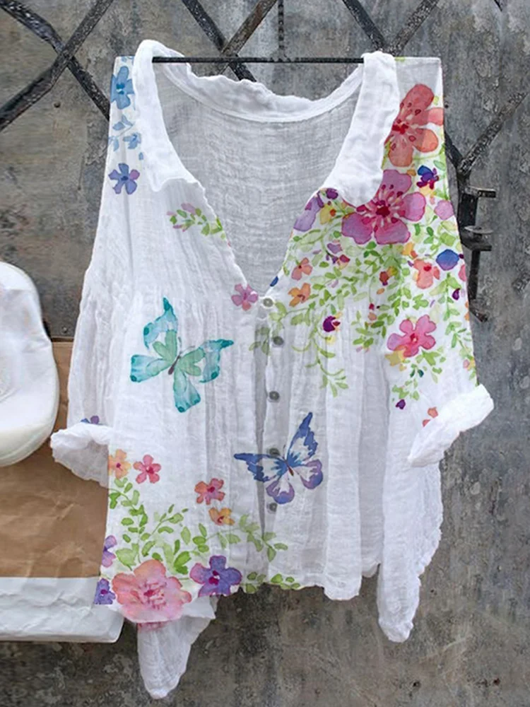 VChics Butterfly Retro Cotton Linen Casual Floral Print Cotton Linen Shirt