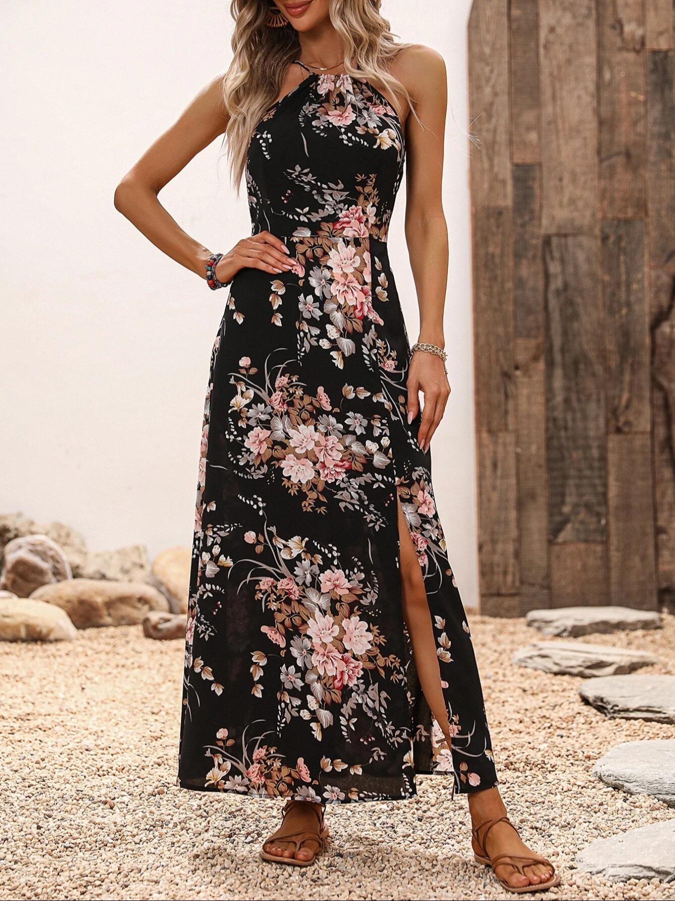 Women's Floral Print Split Thigh Halter Dress, Elegant Chic Boho Style Tie Back Design Long Dress for Spring Summer Fall, Bohemian