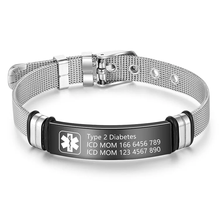 Medical Alert ID Bracelet Engraved Personalized Men Bracelet Adjustable Stainless Steel Black Emergency ID Wristband