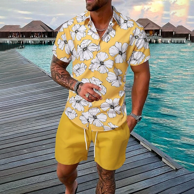 BrosWear Men Yellow Flowers Holiday Style Shirt And Shorts Co-Ord