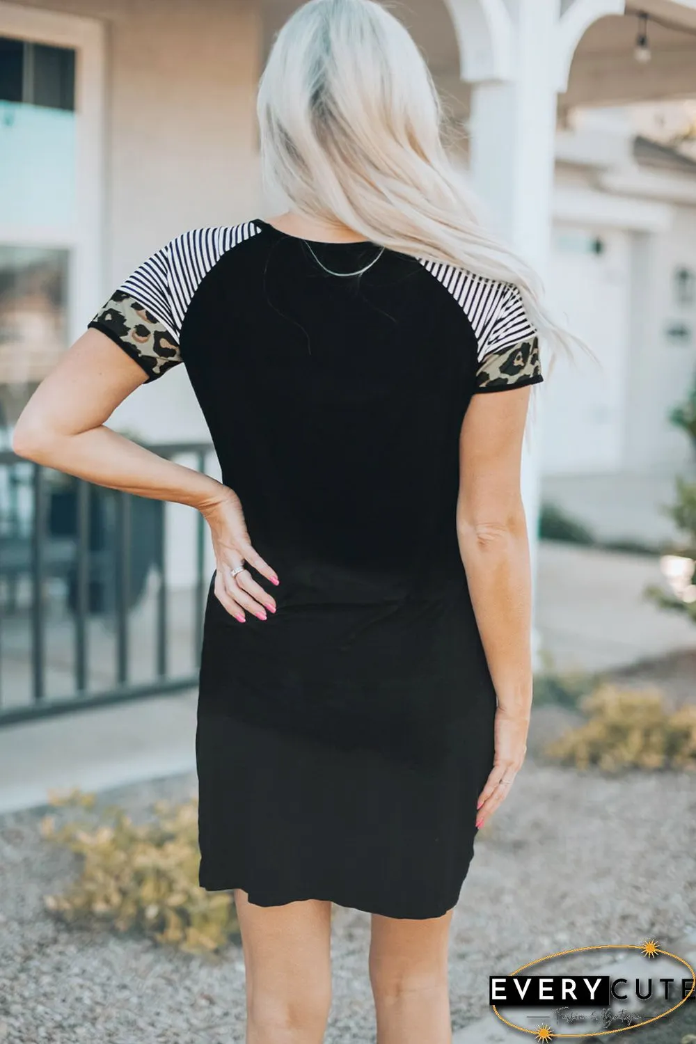 Black AMERICA Eagle Graphic Leopard Striped Sleeve Dress