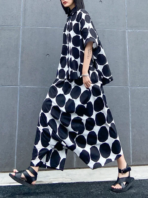 Batwing Sleeves Buttoned Polka-Dot Round-Neck Shirts Top + Elasticity Pockets Harem Pants Pants Bottom Two Pieces Set
