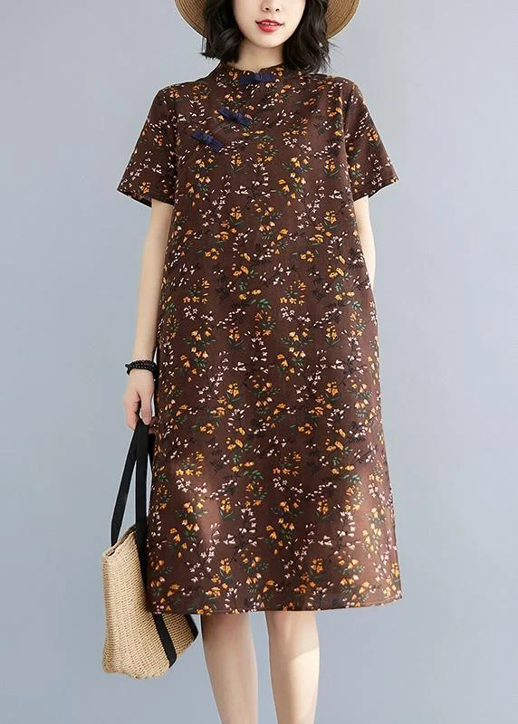 Simple Chocolate Print Oriental Maxi Summer Cotton Dress