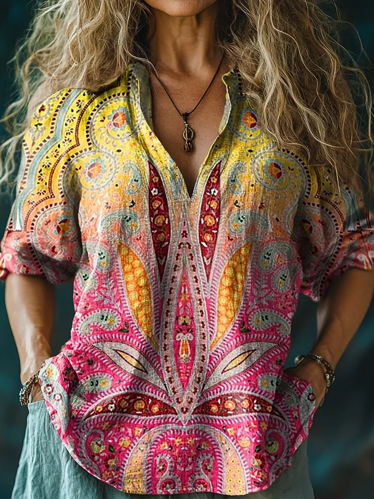 Girls Vintage Floral Art Print Casual Linen V Neck Shirt