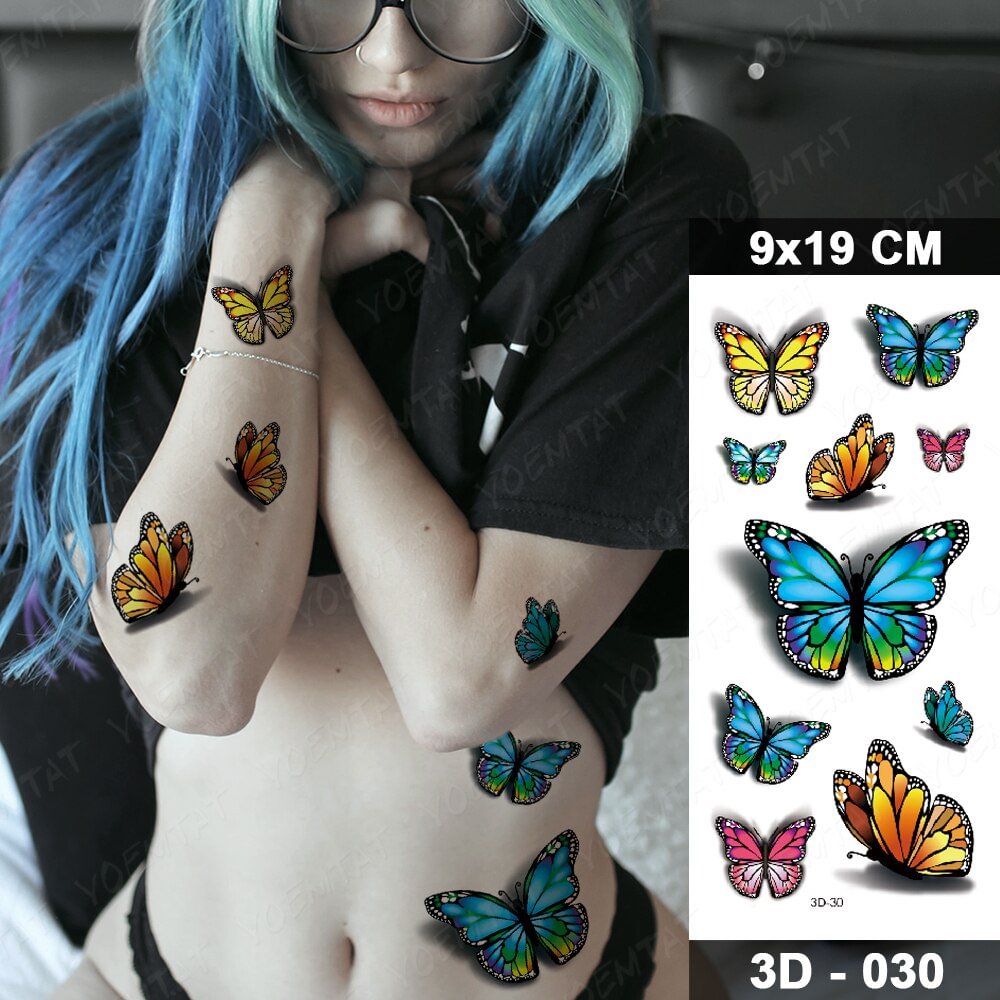 Waterproof Temporary Tattoo Sticker Blue yellow butterfly Fake Tatto Flash Rose Tatoo Body Art 3D for Girl Women