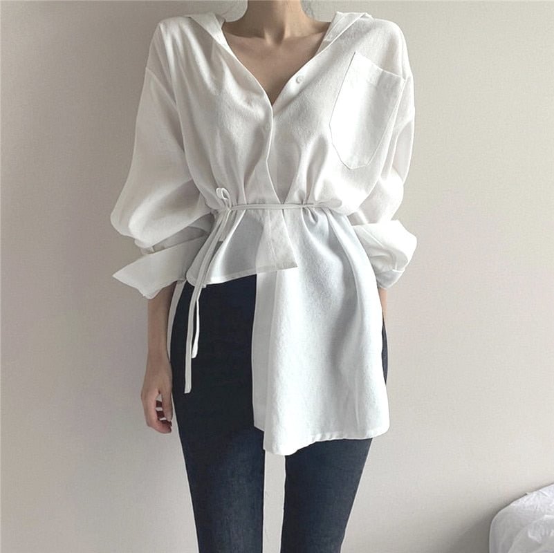 2021 Spring Long Sleeve V-neck Cardigan Button Up Shirt Casual Lace-up White Blouse Irregular Korean Style White Tops for Women