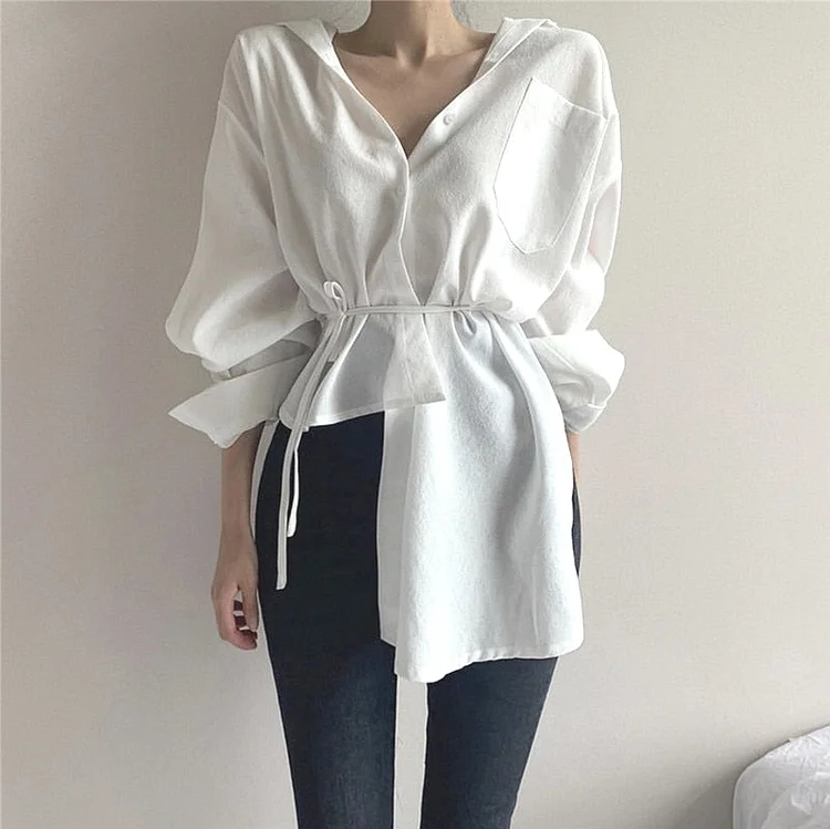 2022 Spring Long Sleeve V-neck Cardigan Button Up Shirt Casual Lace-up White Blouse Irregular Korean Style White Tops for Women