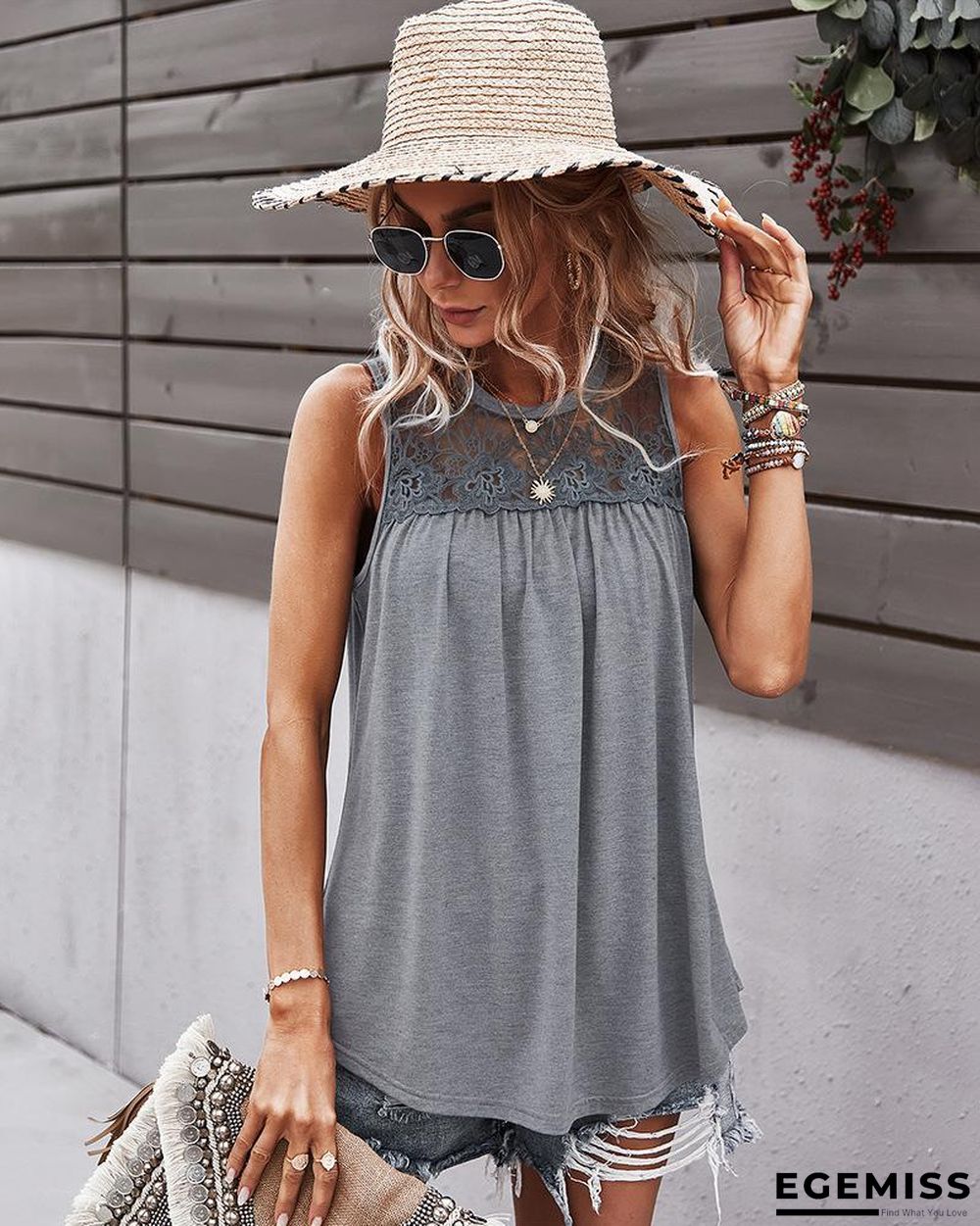 Long T-shirt Sleeveless Lace Women's Top | EGEMISS
