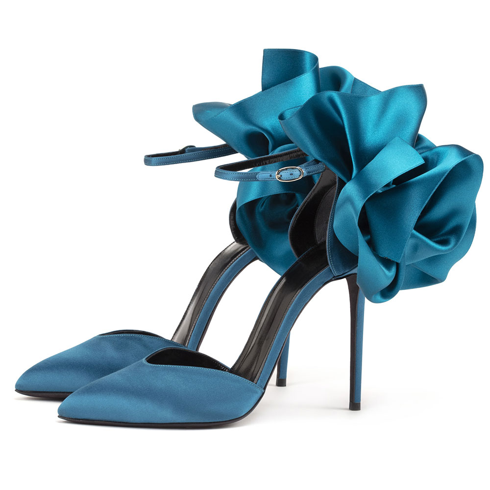 Blue Satin Pointed Toe Floral Accent Pumps Shoes with Stiletto Heel Nicepairs