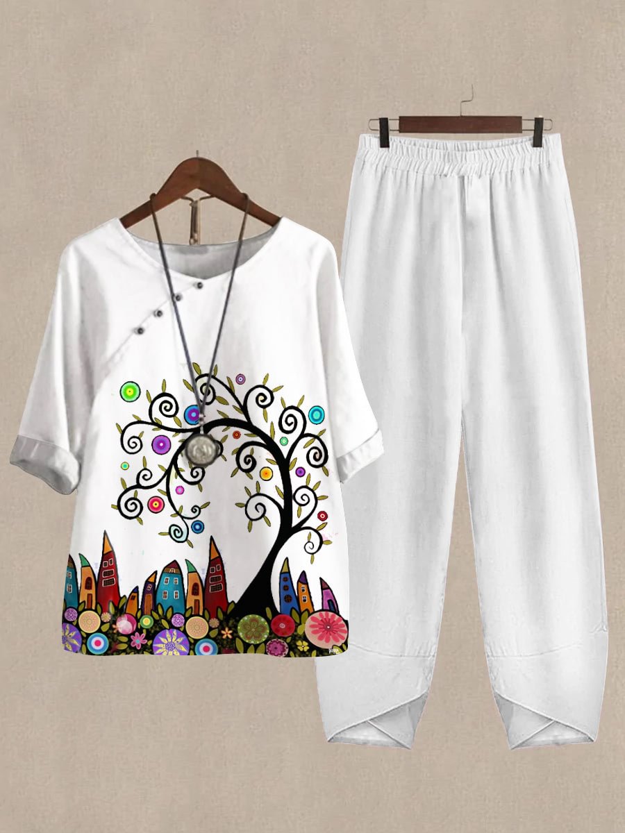 Linen Casual Women's Childlike Patten Print Two Pieces Set