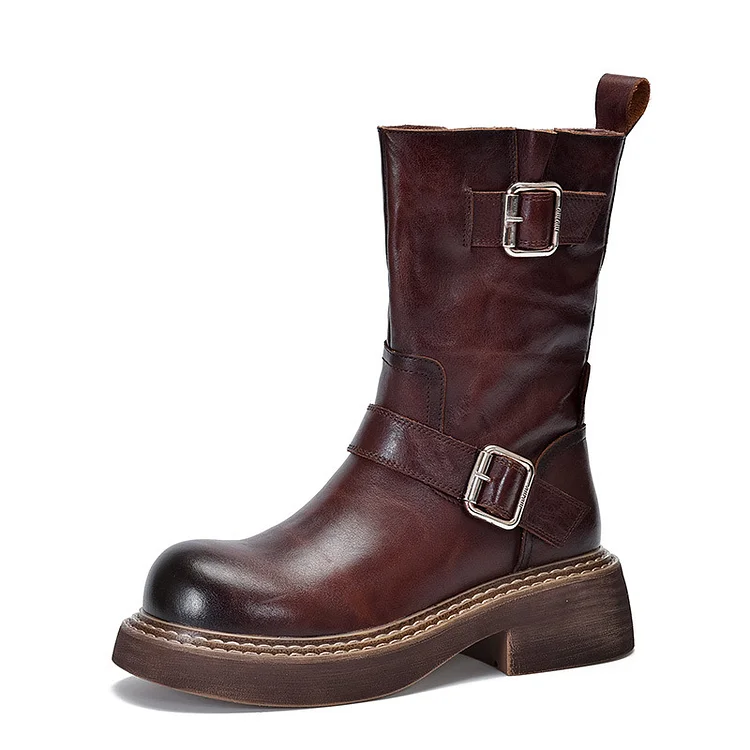 Classic Leather Belt Buckle Knight Boots - yankia