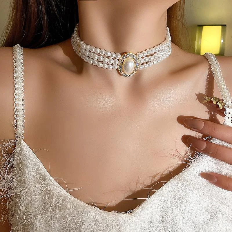Elegant Baroque Three Rows Pearl Choker Necklace for Women's Party Jewelry