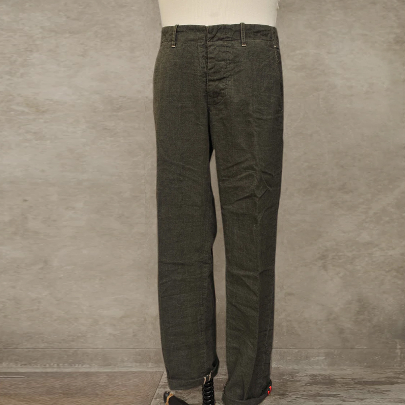Men's Olive Cotton and Linen Straight Trousers