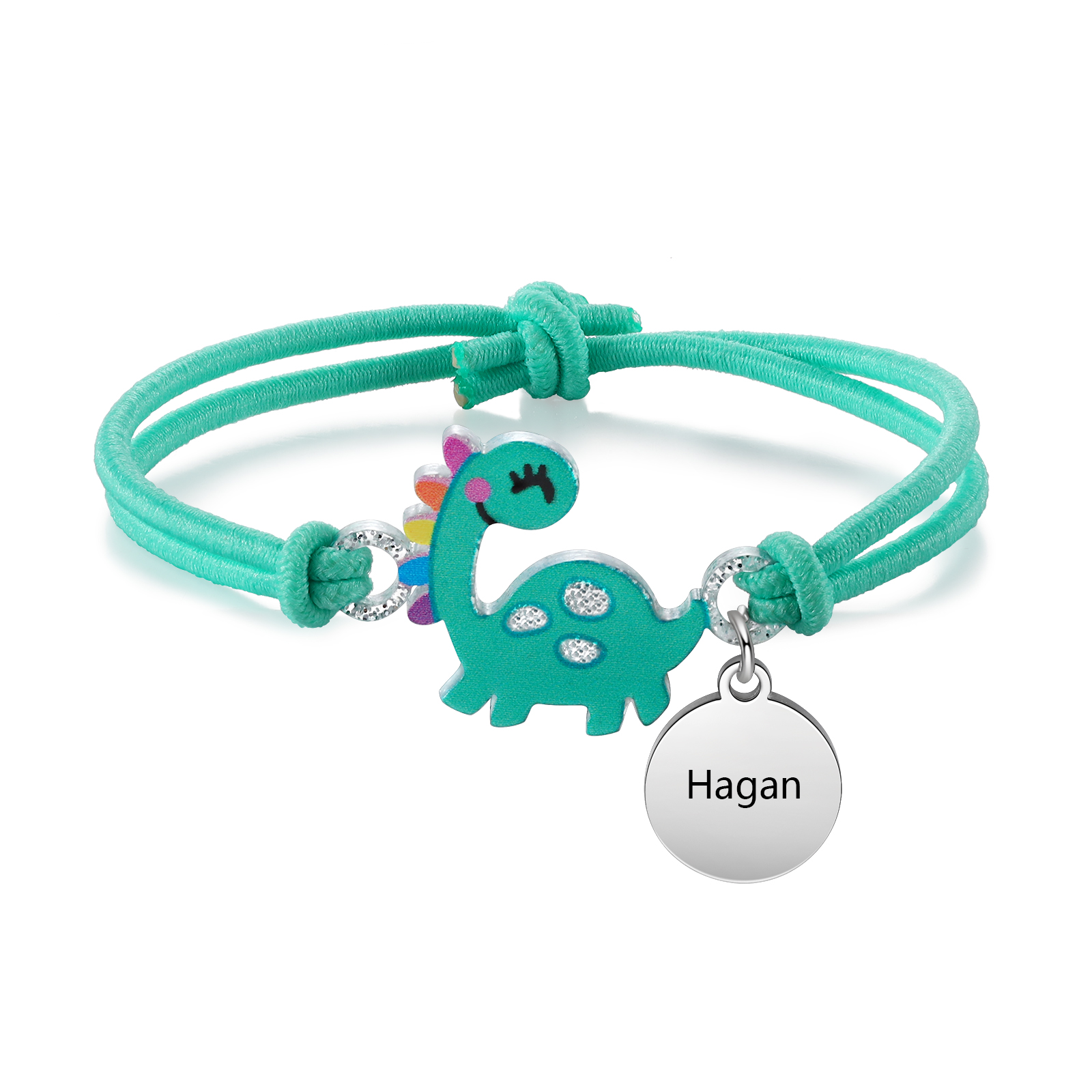 2 PCS Bracelet Set Custom Names Green Dinosaur Charm Hair Ties Back To School Gift for Girls - My Heart Will Be With You Throughout The Day