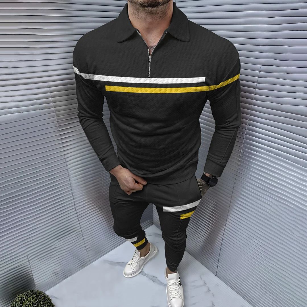 Fashion Contrast Stripe Black Polo Shirt And Pants Co-Ord