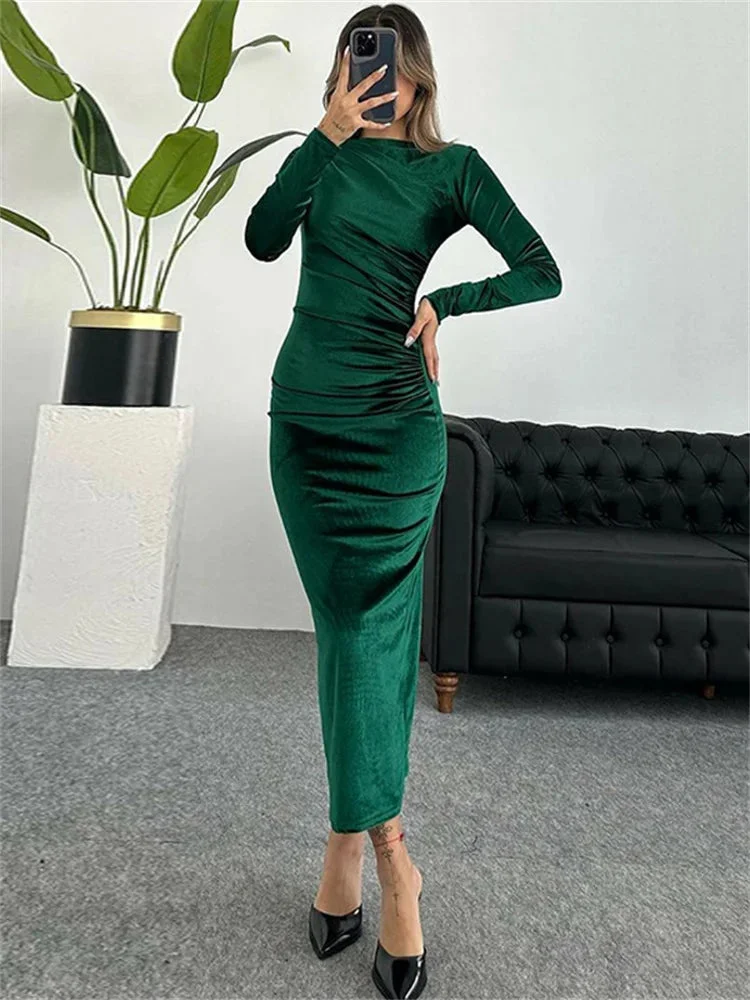 Oocharger Pleated Solid Slim Maxi Dress For Women High Waist Long Sleeve Patchwork Elegant Fashion Party Dress Ladies Long Dress New