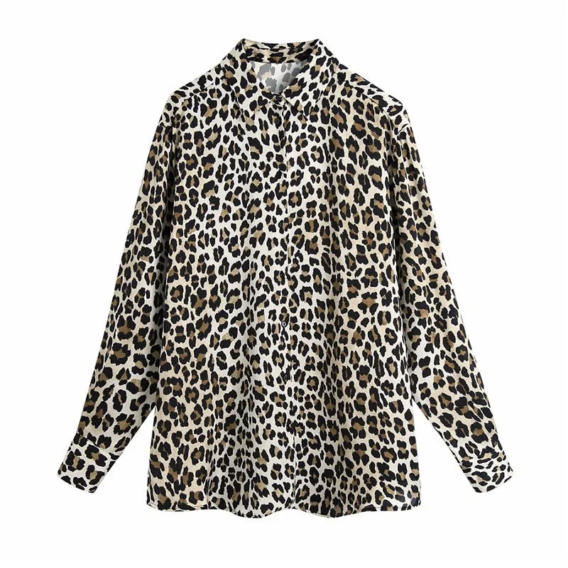 Animal Print Vintage Shirt Women Za 2021 Long Sleeve Leopard Shirts Chic Button Up Feminine Casual Titted FemaleTops Blouse