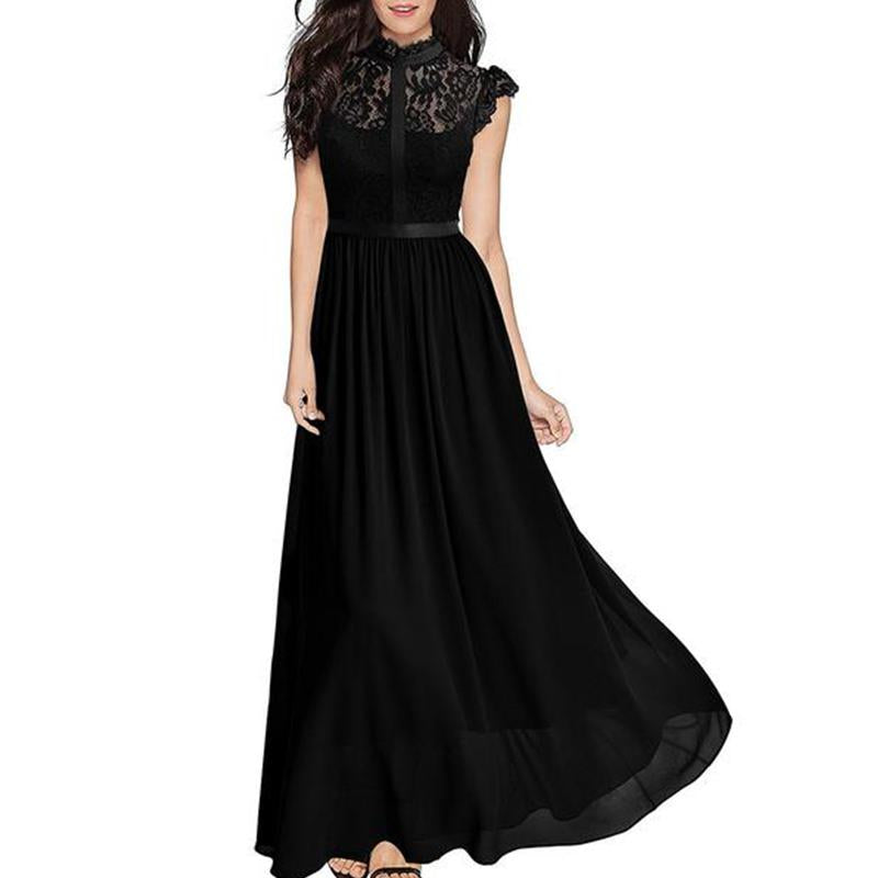 Band Collar See-Through Plain Chiffon Swing Maxi Dress