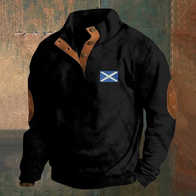 Vintage Scotland Flag Print Stand Collar Button-Up Sweatshirt