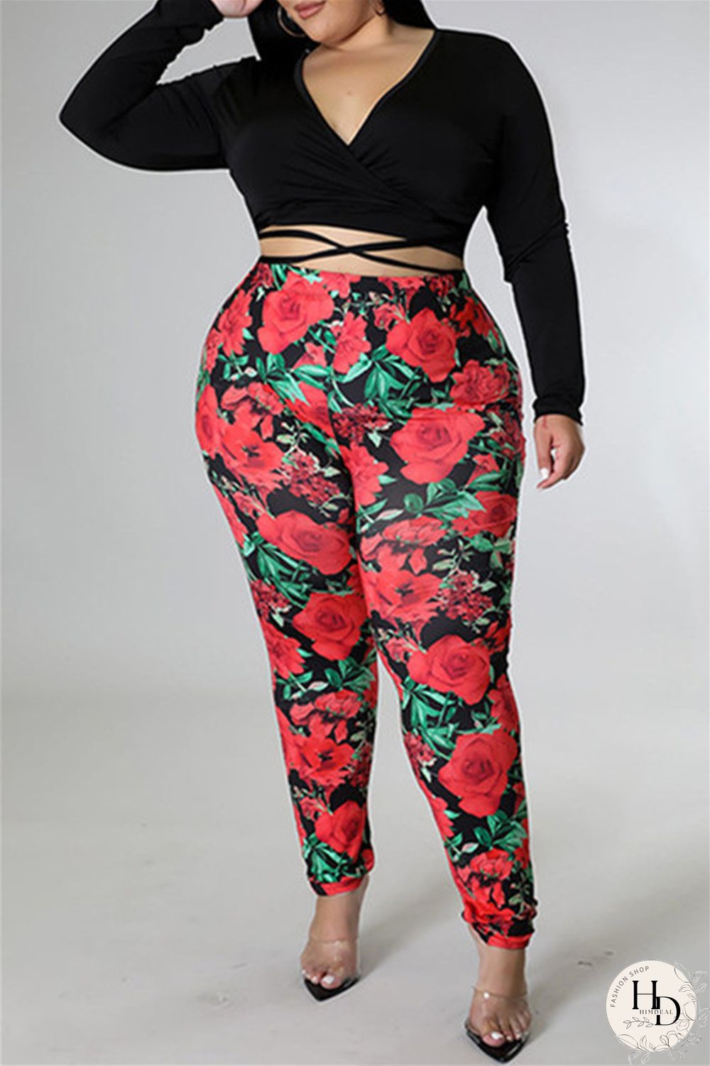 Black Fashion Casual Print Bandage V Neck Plus Size Two Pieces