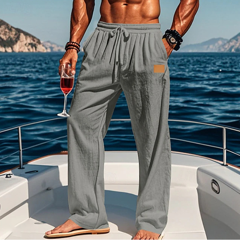 Men's Linen Leather Lable Beach Drawstring Elastic Waist Straight Leg Plain Comfort Breathable Pants White