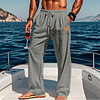 Men's Linen Leather Lable Beach Drawstring Elastic Waist Straight Leg Plain Comfort Breathable Pants White by Inlyline