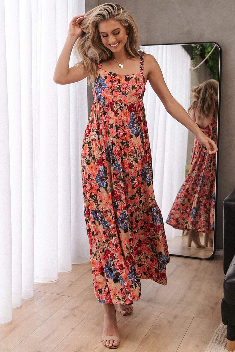 Floral Print Backless Strap Flowy Vacation Maxi Dresses