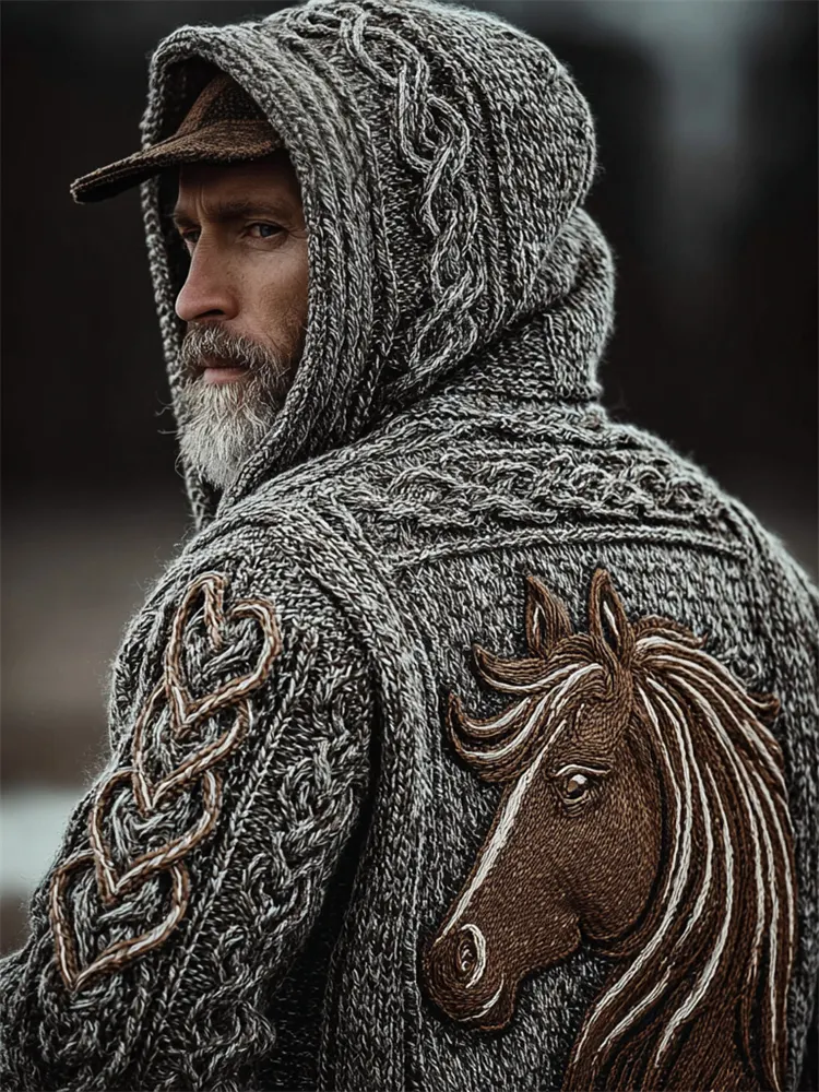 Men's Vintage Horse Crochet Celtic Cozy Knit Hooded Sweater