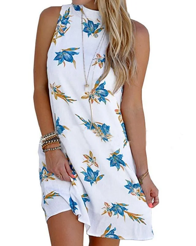 Women's Shift Dress Short Mini Dress - Sleeveless Floral Backless Print Summer Hot Casual Beach White Yellow Blushing Pink Light Blue