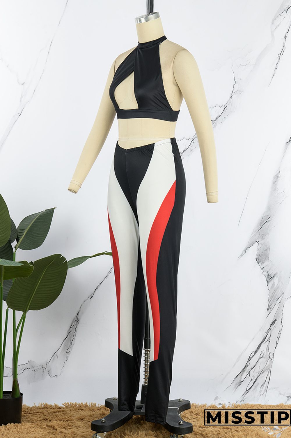 Olive Green Sexy Patchwork Hollowed Out Backless Contrast Halter Sleeveless Two Pieces